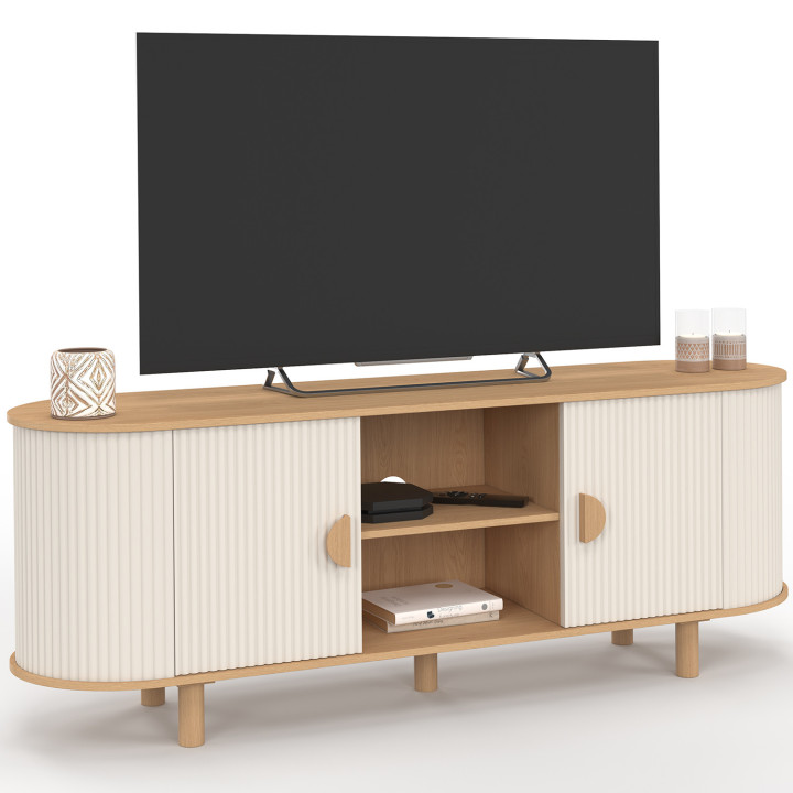 Porta TV 140 cm a 2 ante effetto scanalato beige e legno - KANEL | IdMarket
