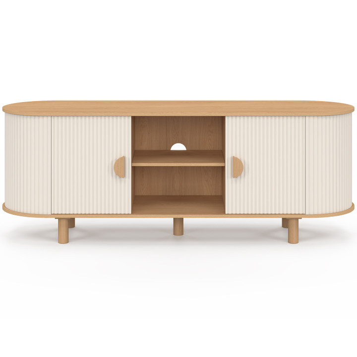 Porta TV 140 cm a 2 ante effetto scanalato beige e legno - KANEL | IdMarket