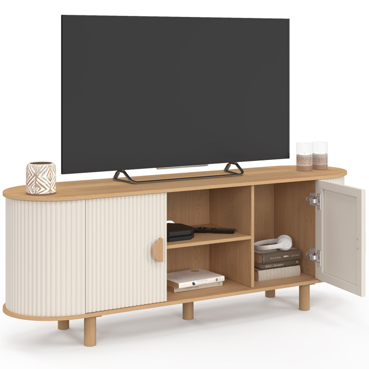 Porta TV 140 cm a 2 ante effetto scanalato beige e legno - KANEL | IdMarket