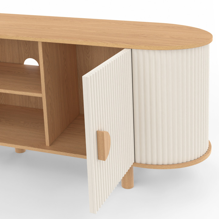 Porta TV 140 cm a 2 ante effetto scanalato beige e legno - KANEL | IdMarket