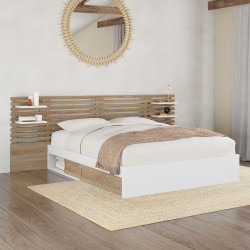 Letto matrimoniale 140x190 bianco e faggio con testiera, comodini e base - SAVANA | ID Market