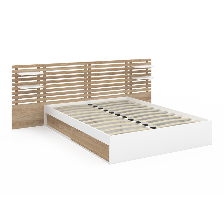 Letto matrimoniale 140x190 bianco e faggio con testiera, comodini e base - SAVANA | ID Market