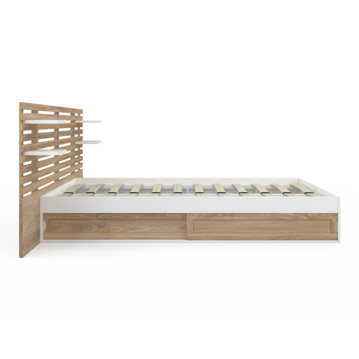 Letto matrimoniale 140x190 bianco e faggio con testiera, comodini e base - SAVANA | ID Market