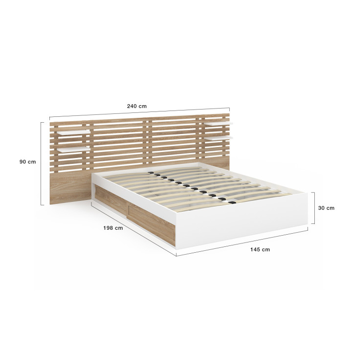 Letto matrimoniale 140x190 bianco e faggio con testiera, comodini e base - SAVANA | ID Market