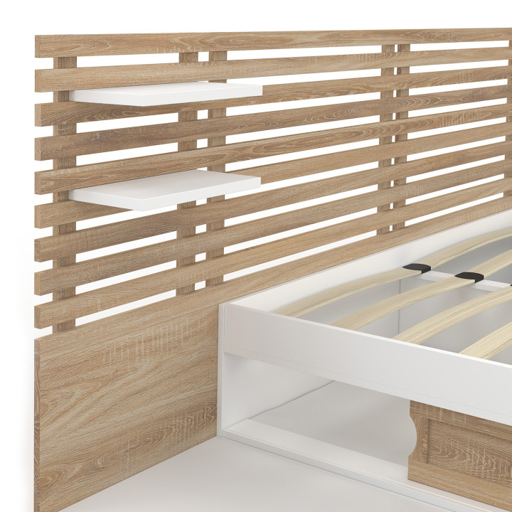 Letto matrimoniale 140x190 bianco e faggio con testiera, comodini e base - SAVANA | ID Market