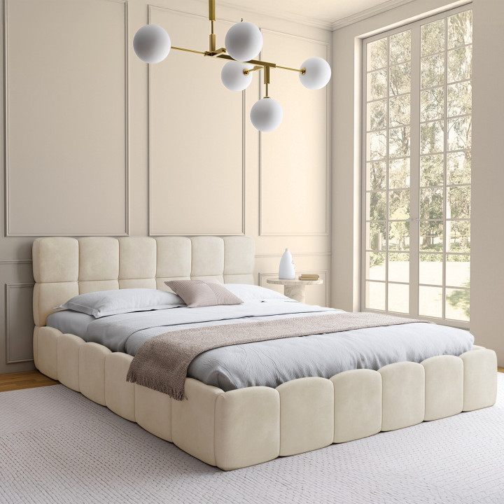 Letto matrimoniale con rete a doghe da 160 x 200 cm e testata trapuntata in velluto beige