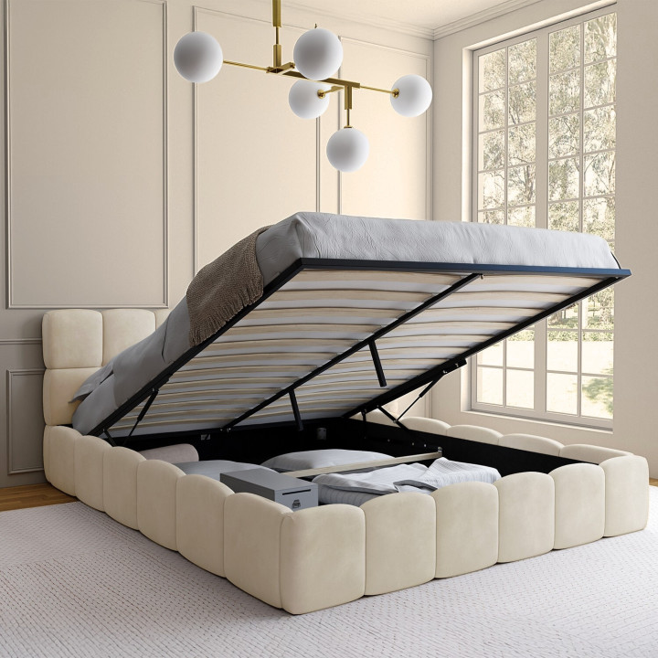 Letto matrimoniale con rete a doghe da 160 x 200 cm e testata trapuntata in velluto beige