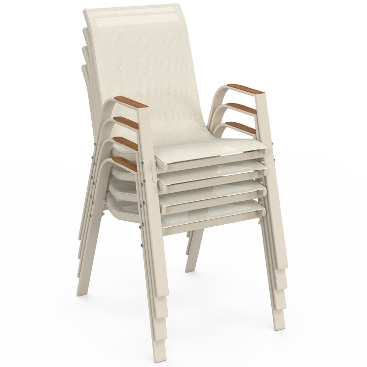 Set di mobili da giardino con piano in vetro temperato effetto legno da 190 cm e 8 sedie impilabili in legno e beige - NOUMEA |