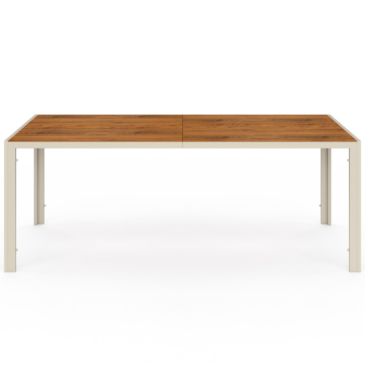 Set di mobili da giardino con piano in vetro temperato effetto legno da 190 cm e 8 sedie impilabili in legno e beige - NOUMEA |