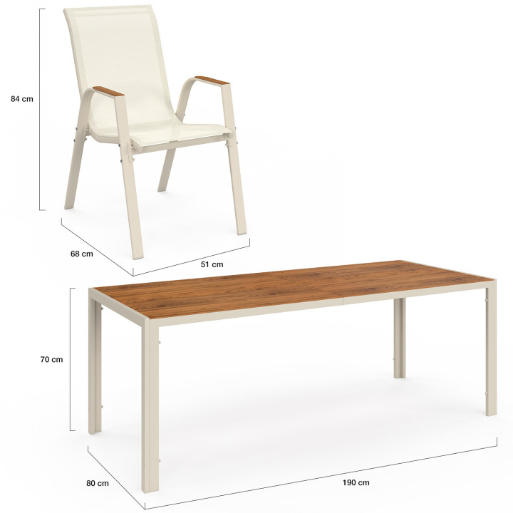 Set di mobili da giardino con piano in vetro temperato effetto legno da 190 cm e 8 sedie impilabili in legno e beige - NOUMEA |
