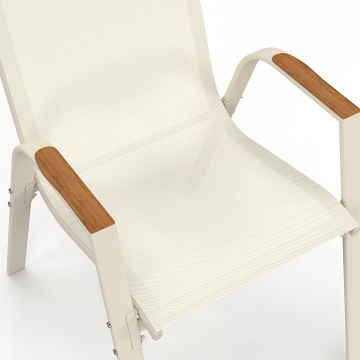 Set di mobili da giardino con piano in vetro temperato effetto legno da 190 cm e 8 sedie impilabili in legno e beige - NOUMEA |