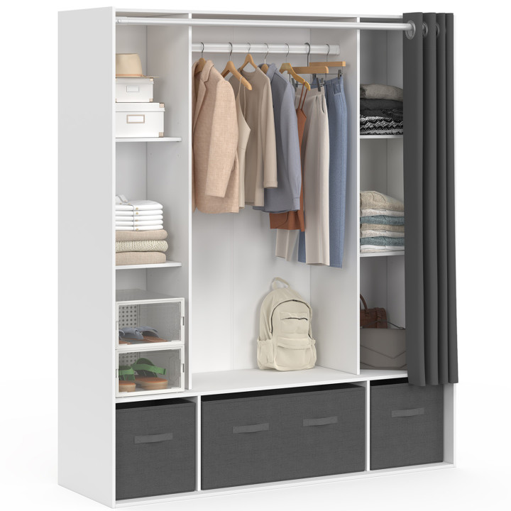 Armadio doppio 140 x 45 x 167 cm bianco con ripiani + contenitori + tenda grigia - DIANE | IdMarket