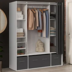 Armadio doppio 140 x 45 x 167 cm bianco con ripiani + contenitori + tenda grigia - DIANE | IdMarket