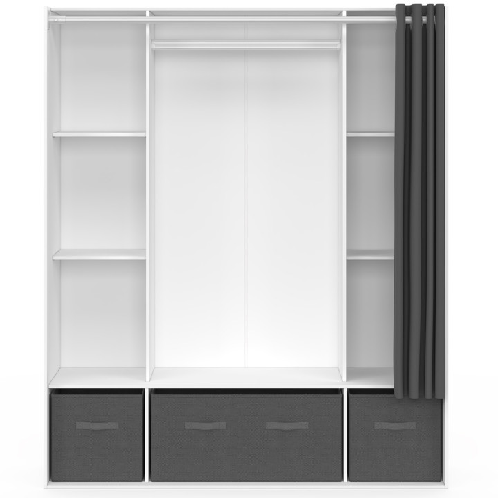 Armadio doppio 140 x 45 x 167 cm bianco con ripiani + contenitori + tenda grigia - DIANE | IdMarket