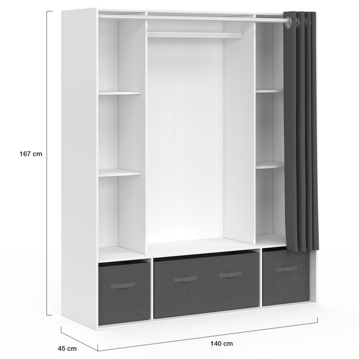 Armadio doppio 140 x 45 x 167 cm bianco con ripiani + contenitori + tenda grigia - DIANE | IdMarket