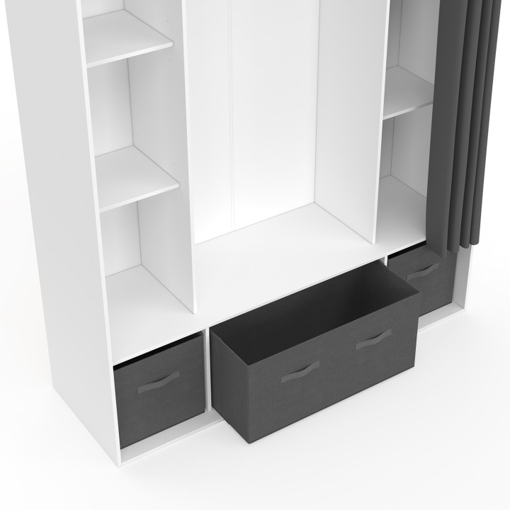 Armadio doppio 140 x 45 x 167 cm bianco con ripiani + contenitori + tenda grigia - DIANE | IdMarket