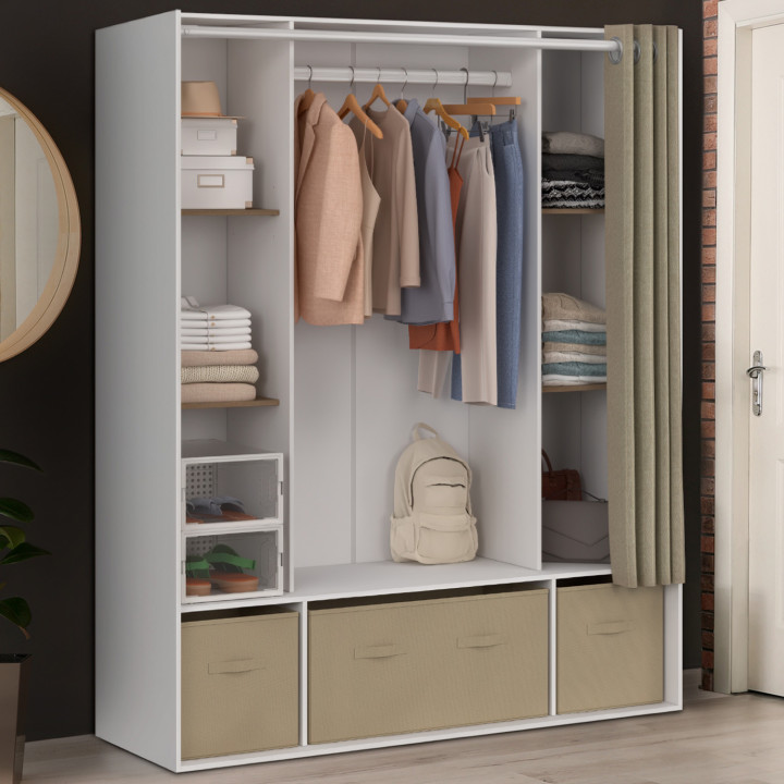Armadio doppio 140 x 45 x 167 cm bianco con ripiani + contenitori + tenda tortora - DIANE | IdMarket