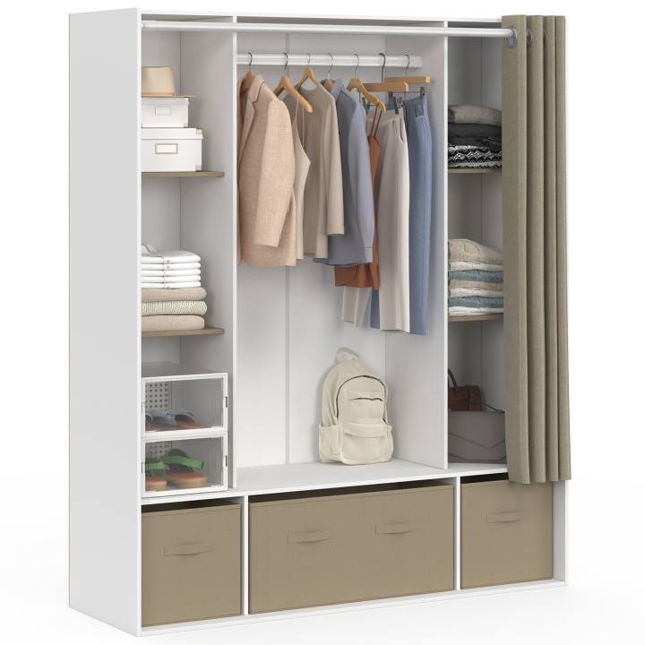 Armadio doppio 140 x 45 x 167 cm bianco con ripiani + contenitori + tenda tortora - DIANE | IdMarket