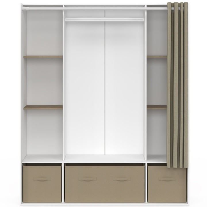 Armadio doppio 140 x 45 x 167 cm bianco con ripiani + contenitori + tenda tortora - DIANE | IdMarket