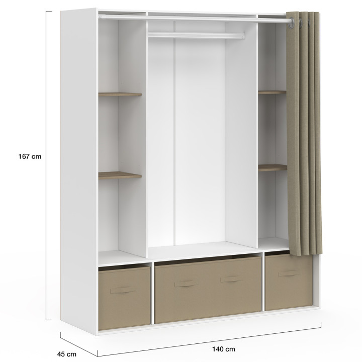 Armadio doppio 140 x 45 x 167 cm bianco con ripiani + contenitori + tenda tortora - DIANE | IdMarket