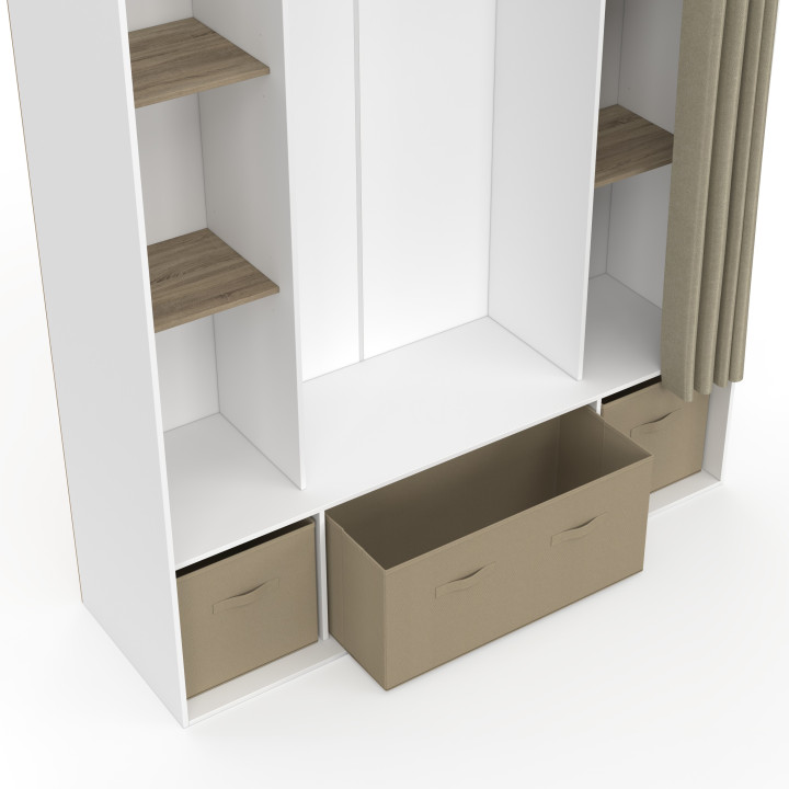 Armadio doppio 140 x 45 x 167 cm bianco con ripiani + contenitori + tenda tortora - DIANE | IdMarket