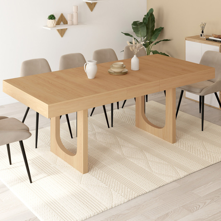 Tavolo da pranzo rettangolare allungabile per 4-8 persone con gamba ad arco in legno effetto faggio 160-200 cm - ALOISE | IdMark