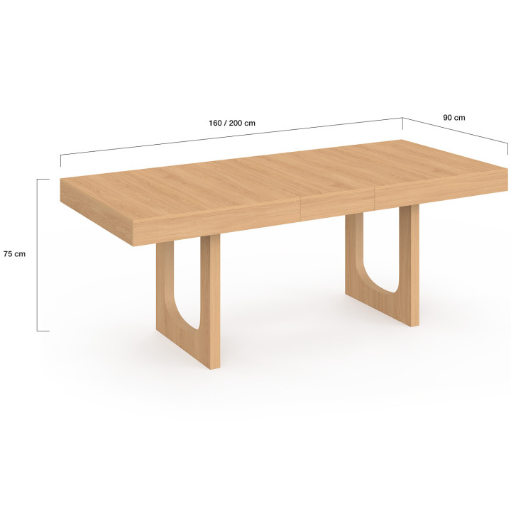 Tavolo da pranzo rettangolare allungabile per 4-8 persone con gamba ad arco in legno effetto faggio 160-200 cm - ALOISE | IdMark