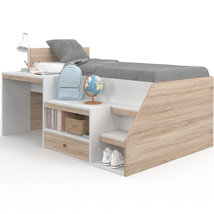 Letto combinato con base, scrivania e contenitore 90 x 190 cm faggio e bianco