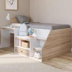 Letto combinato con base, scrivania e contenitore 90 x 190 cm faggio e bianco