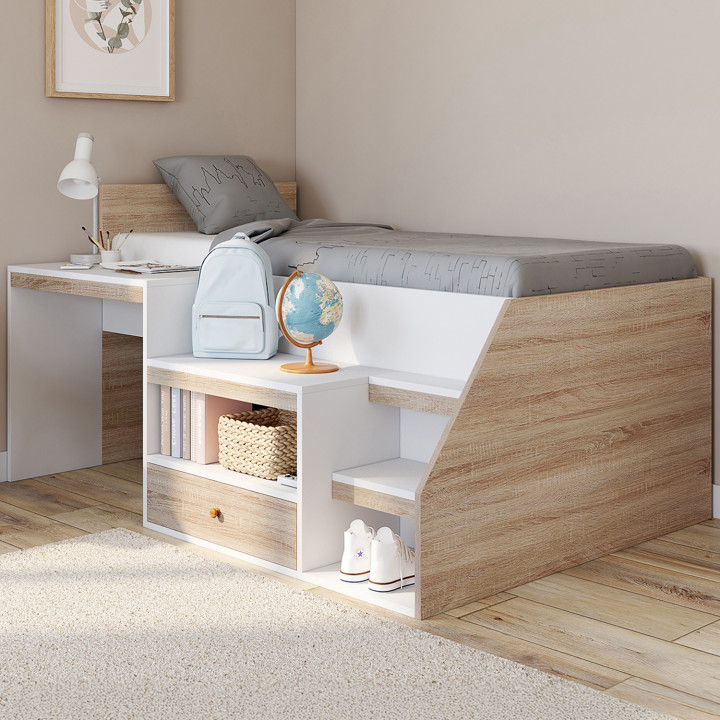 Letto combinato con base, scrivania e contenitore 90 x 190 cm faggio e bianco