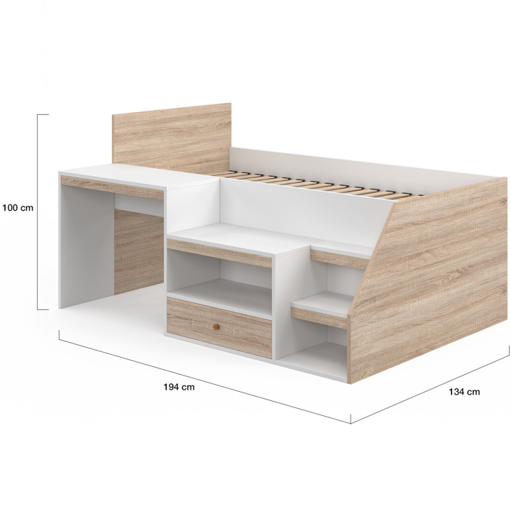 Letto combinato con base, scrivania e contenitore 90 x 190 cm faggio e bianco