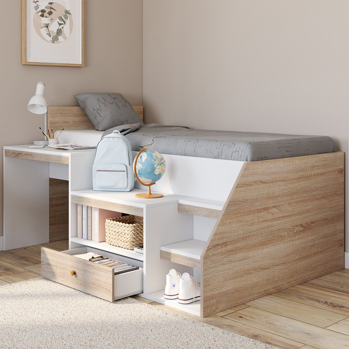 Letto combinato con base, scrivania e contenitore 90 x 190 cm faggio e bianco