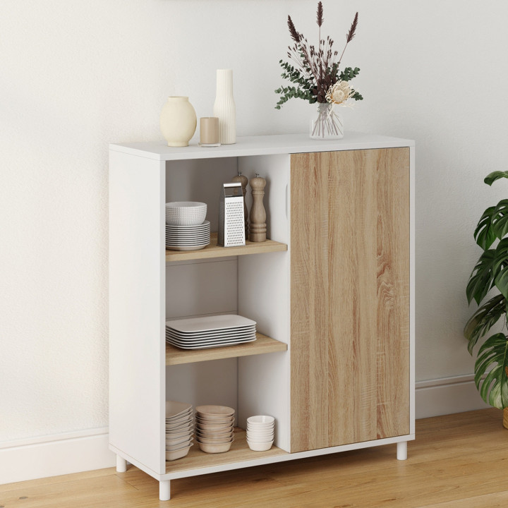 Credenza da 70 cm con 3 ripiani e 1 anta scorrevole reversibile in bianco e legno - montaggio semplice