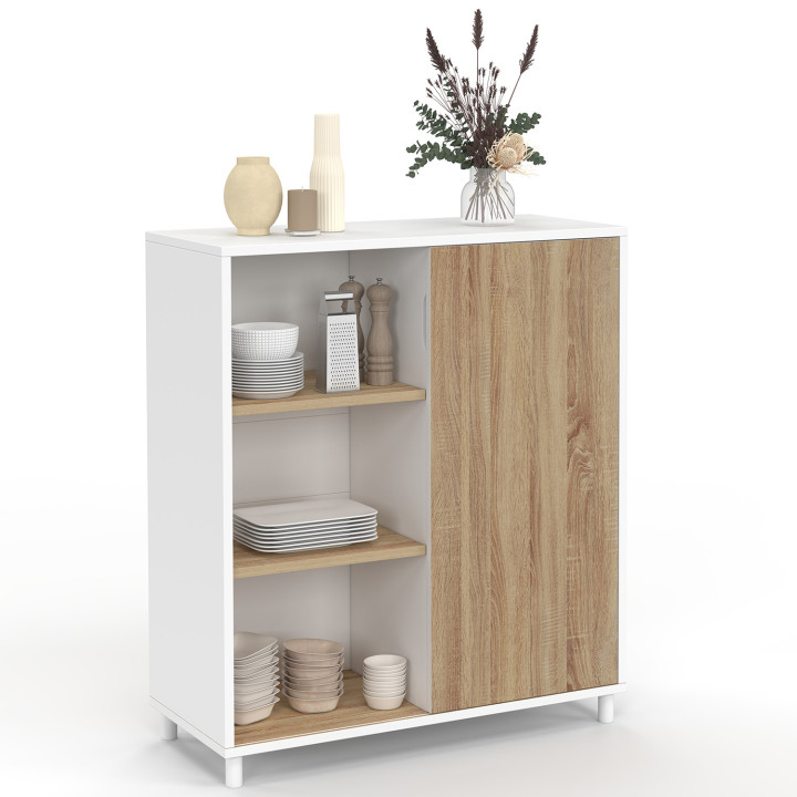 Credenza da 70 cm con 3 ripiani e 1 anta scorrevole reversibile in bianco e legno - montaggio semplice