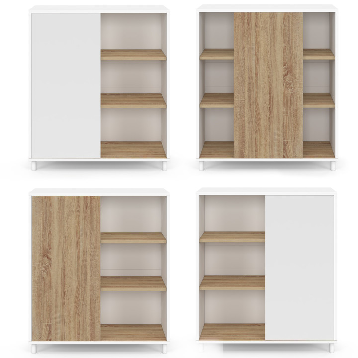 Credenza da 70 cm con 3 ripiani e 1 anta scorrevole reversibile in bianco e legno - montaggio semplice
