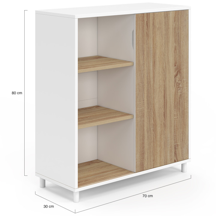 Credenza da 70 cm con 3 ripiani e 1 anta scorrevole reversibile in bianco e legno - montaggio semplice