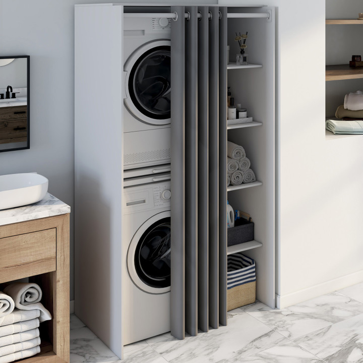 Mobile lavatrice doppio con tenda scorrevole bianca - WALLIS | IdMarket