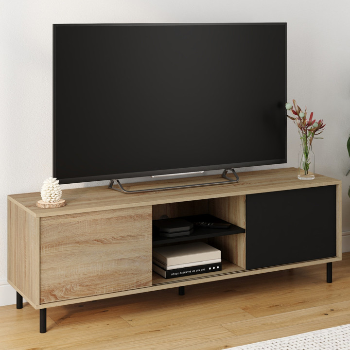 Mobile TV da 140 cm con 2 ante scorrevoli reversibili nere e effetto legno, montaggio senza attrezzi