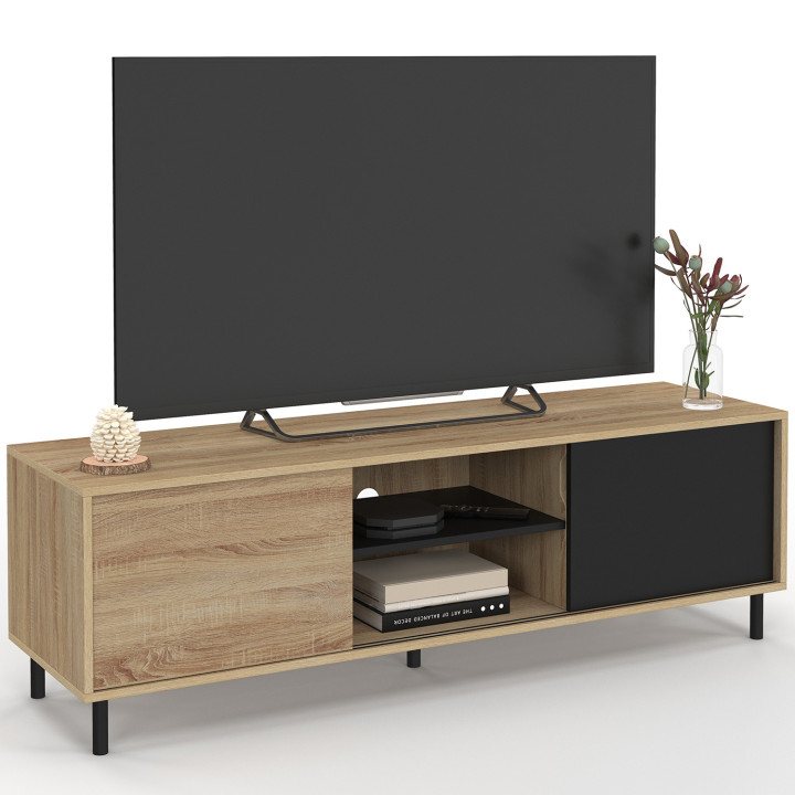Mobile TV da 140 cm con 2 ante scorrevoli reversibili nere e effetto legno, montaggio senza attrezzi
