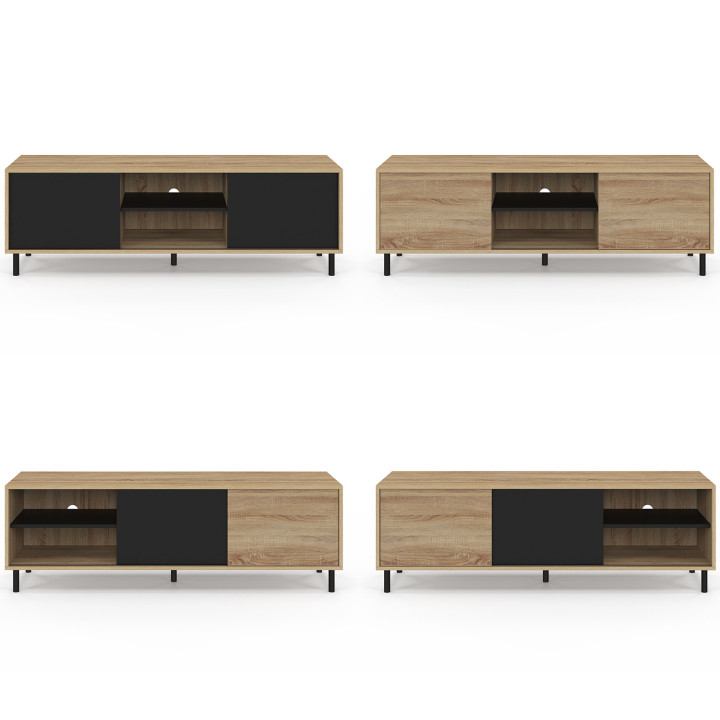 Mobile TV da 140 cm con 2 ante scorrevoli reversibili nere e effetto legno, montaggio senza attrezzi