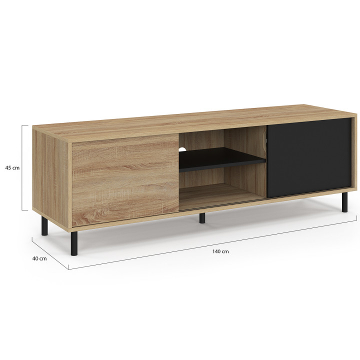 Mobile TV da 140 cm con 2 ante scorrevoli reversibili nere e effetto legno, montaggio senza attrezzi