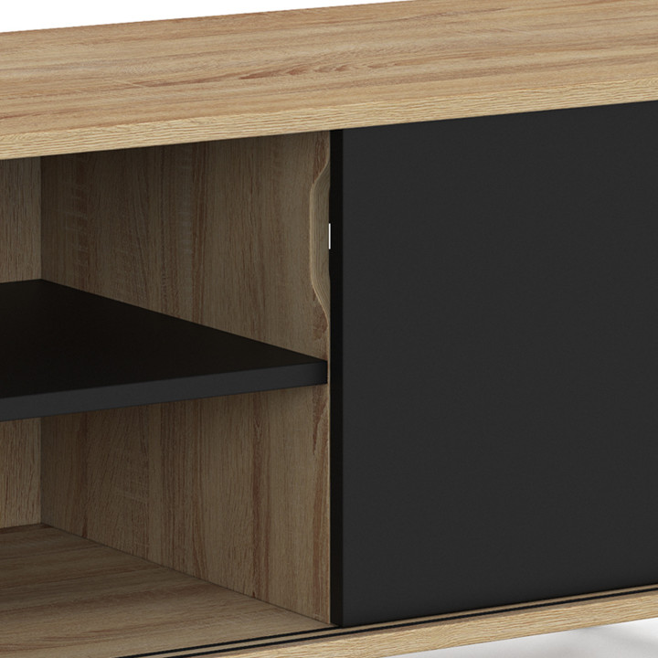 Mobile TV da 140 cm con 2 ante scorrevoli reversibili nere e effetto legno, montaggio senza attrezzi
