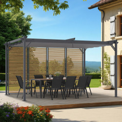 Pergola da collezione con lamelle orizzontali e tetto retrattile effetto legno 3x4M 4 sezioni modulari grigio antracite