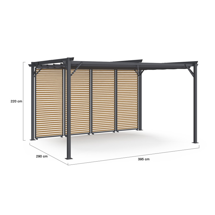 Pergola da collezione con lamelle orizzontali e tetto retrattile effetto legno 3x4M 4 sezioni modulari grigio antracite