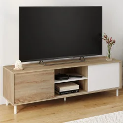 Mobile TV da 140 cm con 2 ante scorrevoli reversibili in legno ed effetto bianco, montaggio senza attrezzi