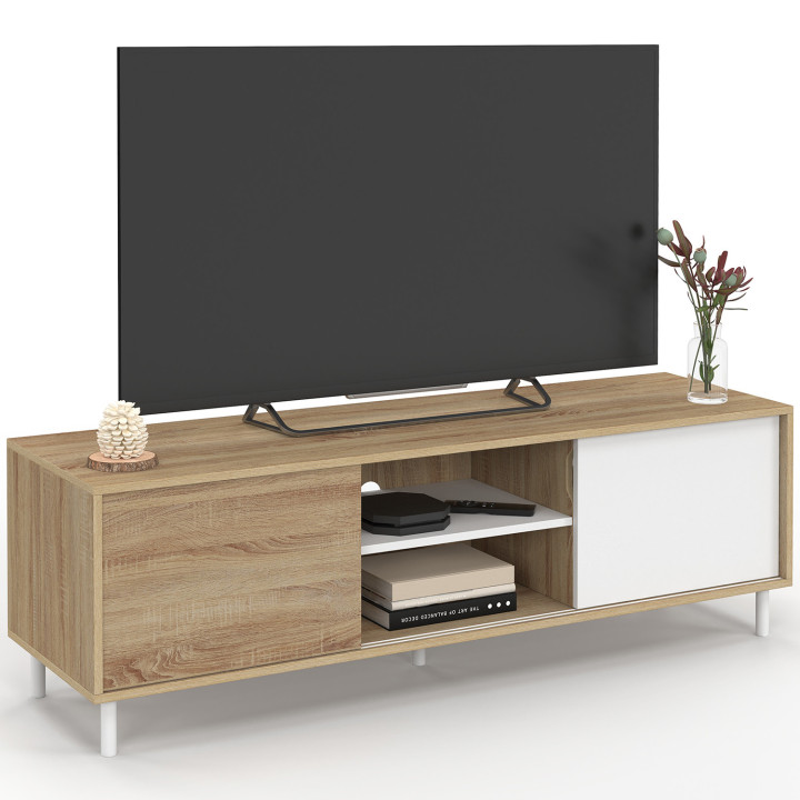 Mobile TV da 140 cm con 2 ante scorrevoli reversibili in legno ed effetto bianco, montaggio senza attrezzi