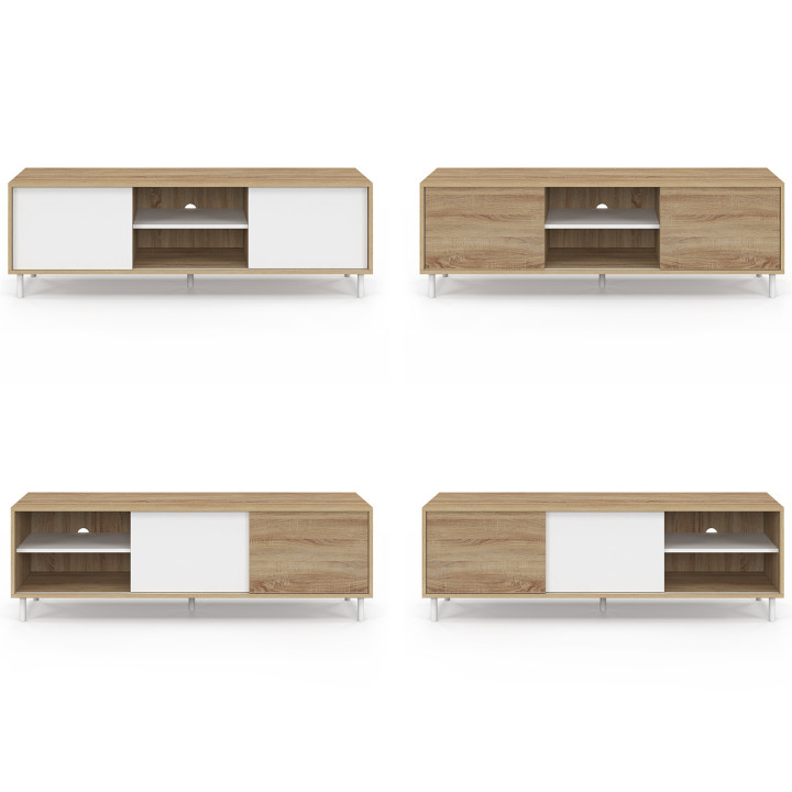 Mobile TV da 140 cm con 2 ante scorrevoli reversibili in legno ed effetto bianco, montaggio senza attrezzi