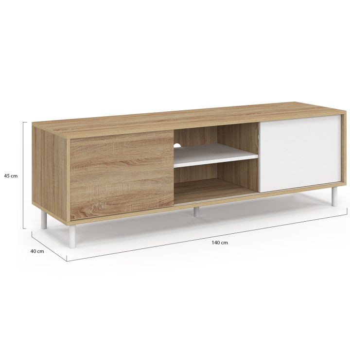 Mobile TV da 140 cm con 2 ante scorrevoli reversibili in legno ed effetto bianco, montaggio senza attrezzi