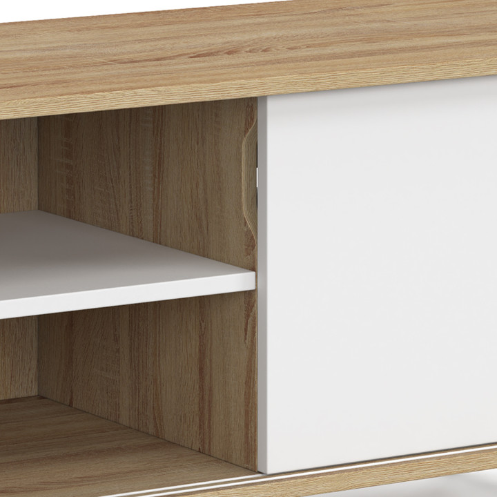 Mobile TV da 140 cm con 2 ante scorrevoli reversibili in legno ed effetto bianco, montaggio senza attrezzi