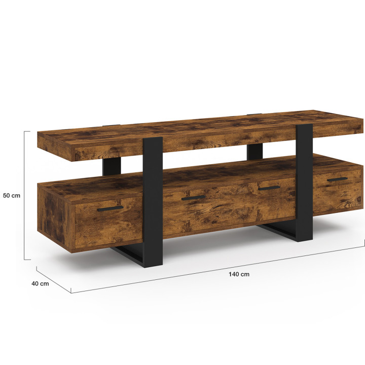 Porta TV da 140 cm con legno effetto invecchiato e cassetti neri - PHOENIX | ID Market